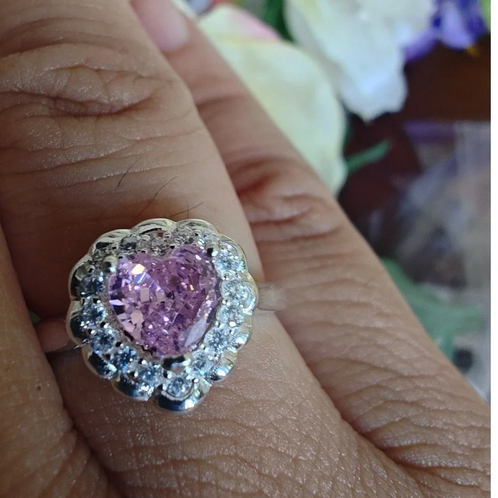 Silver and Pink Heart Ring Halo Size 5